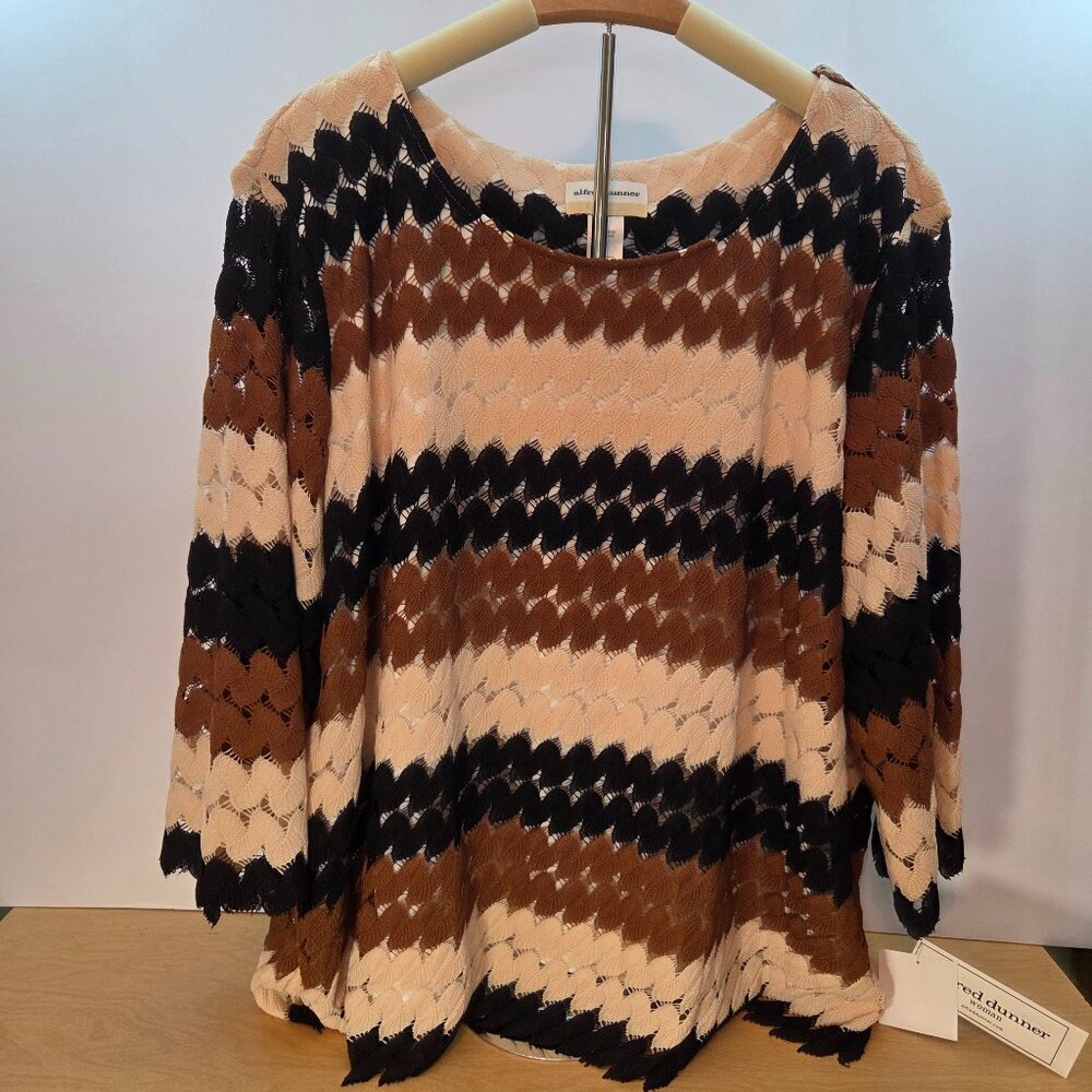 Alfred Dunner Lace Textured 3/4 Sleeve Top w/Thin Liner, 3X, Brown/Cream, NWT